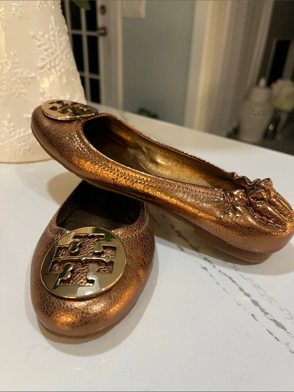 Tory Burch Reva Bronze Metallic Logo Ballet Flats Crackle Leather size 8.5